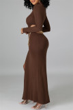 Brown Fashion Sexy Solid Hollowed Out Slit O Neck Long Sleeve Dresses (Without Waist Chain)