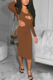 Tangerine Red Sexy Solid Hollowed Out O Neck Pencil Skirt Dresses