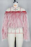 White Artificial fur One word collar Long Sleeve Solid Long Sleeve Tops