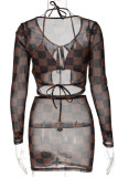 Brownness Sexy Plaid Print Bandage See-through Long Sleeve Four-piece Set