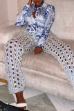 Blue Fashion Casual Print Basic Turndown Collar Tops