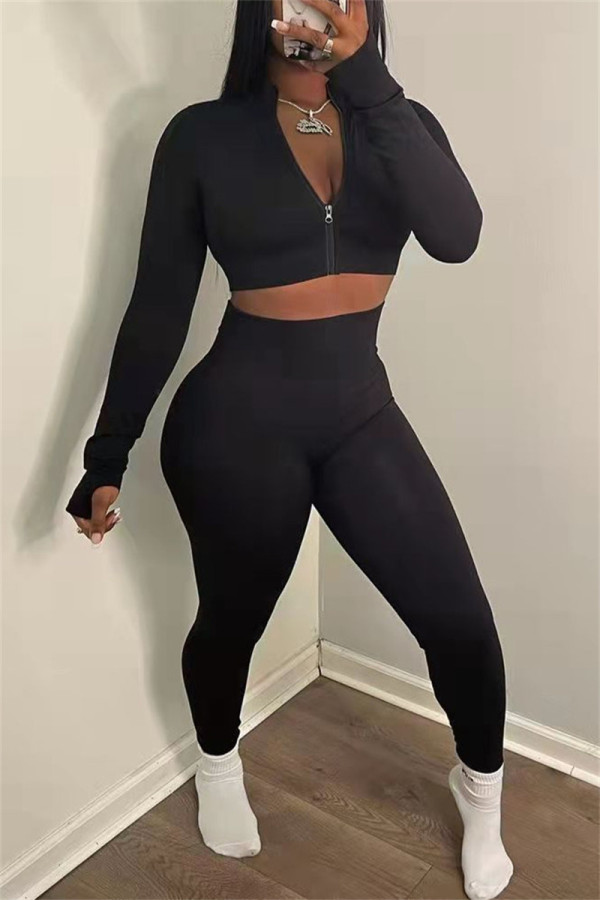 Black Fashion Casual Solid Basic Zipper Collar Long Sleeve Two Pieces