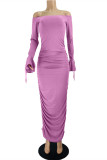 Purple Fashion Sexy Solid Fold Off the Shoulder Long Sleeve Dresses