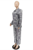 Grey Fashion Casual Print Cardigan Pants Turndown Collar Long Sleeve Two Pieces