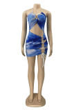 Blue Sexy Print Bandage Hollowed Out Backless Halter Sleeveless Dress