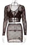 Brownness Sexy Plaid Print Bandage See-through Long Sleeve Four-piece Set