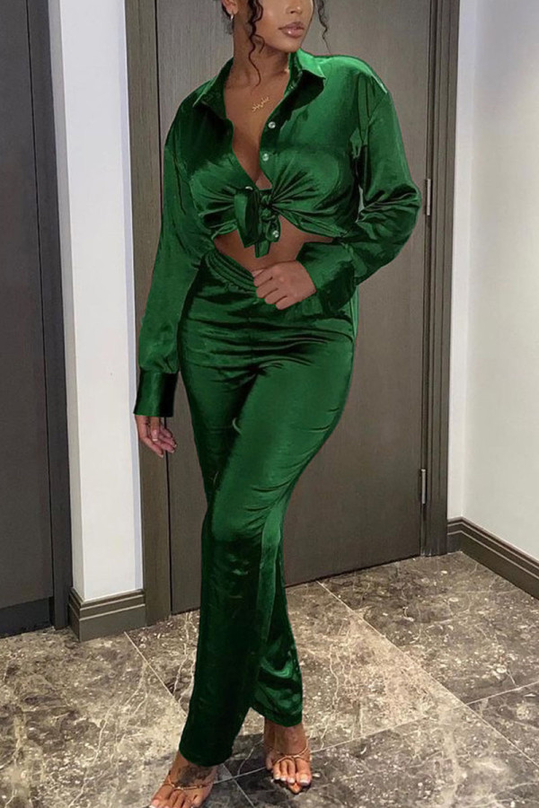 Green Casual Solid Patchwork Buckle Turndown Collar Long Sleeve Two Pieces