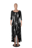 Red Fashion Casual Print Asymmetrical O Neck Long Sleeve Dresses