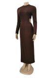 Brown Fashion Sexy Solid Hollowed Out Slit O Neck Long Sleeve Dresses (Without Waist Chain)