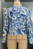 Blue Fashion Casual Print Basic Turndown Collar Tops