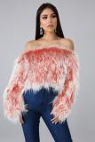 White Artificial fur One word collar Long Sleeve Solid Long Sleeve Tops