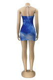 Blue Sexy Print Bandage Hollowed Out Backless Halter Sleeveless Dress