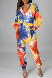 Multicolor Fashion Casual Print Tie Dye Pocket V Neck Regular Jumpsuits