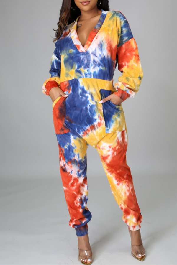 Multicolor Fashion Casual Print Tie Dye Pocket V Neck Regular Jumpsuits