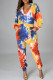 Multicolor Fashion Casual Print Tie Dye Pocket V Neck Regular Jumpsuits