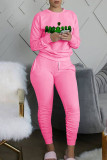 Pink Casual Print Split Joint Fold O Neck Long Sleeve Two Pieces