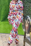 Multicolor Fashion Casual Print Basic Turndown Collar Long Sleeve Two Pieces