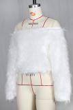 White Artificial fur One word collar Long Sleeve Solid Long Sleeve Tops