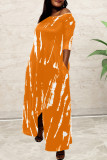 Red Fashion Casual Print Asymmetrical O Neck Long Sleeve Dresses