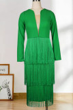 Green Sexy Elegant Solid Tassel Split Joint V Neck Pencil Skirt Dresses