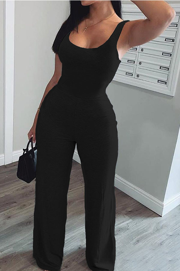 Black Casual Solid Sleeveless Slip Jumpsuits