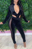 Black Sexy Patchwork See-through Asymmetrical Zipper Collar Long Sleeve Two Pieces