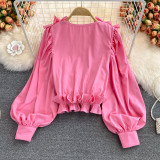 White Casual Sweet Solid Split Joint Flounce V Neck Tops