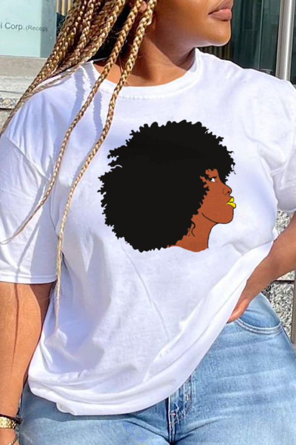 White Daily Cute Print Patchwork O Neck T-Shirts
