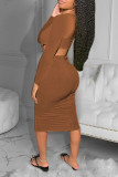 Tangerine Red Sexy Solid Hollowed Out O Neck Pencil Skirt Dresses