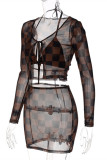 Brownness Sexy Plaid Print Bandage See-through Long Sleeve Four-piece Set