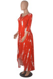 Red Fashion Casual Print Asymmetrical O Neck Long Sleeve Dresses