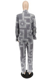 Grey Fashion Casual Print Cardigan Pants Turndown Collar Long Sleeve Two Pieces
