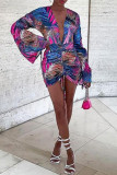 Colour Fashion Casual Print Draw String V Neck Long Sleeve Dresses
