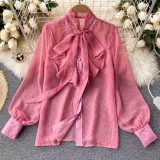 Pink Sexy Print Bandage Split Joint Buckle V Neck Tops