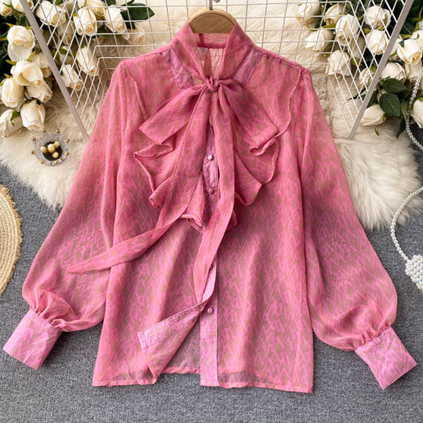 Pink Sexy Print Bandage Split Joint Buckle V Neck Tops