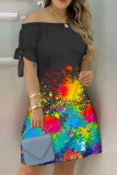 Black Fashion Casual Print Bandage Off the Shoulder Short Sleeve Dress