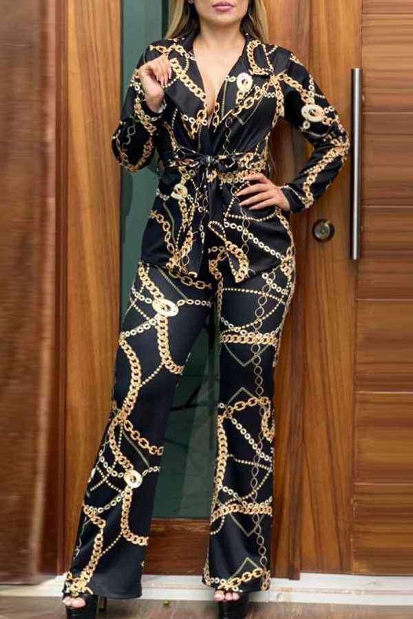 Black Fashion Casual Print Bandage V Neck Long Sleeve Two Pieces