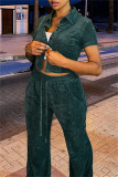 Ink Green Fashion Casual Solid Cardigan Pants Turndown Collar Long Sleeve Two Pieces