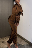 Coffee Casual Solid Patchwork Buckle Turndown Collar Long Sleeve Two Pieces