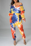Multicolor Fashion Casual Print Tie Dye Pocket V Neck Regular Jumpsuits