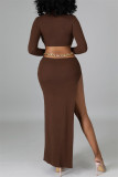 Brown Fashion Sexy Solid Hollowed Out Slit O Neck Long Sleeve Dresses (Without Waist Chain)