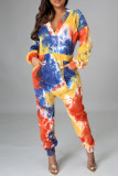 Multicolor Fashion Casual Print Tie Dye Pocket V Neck Regular Jumpsuits