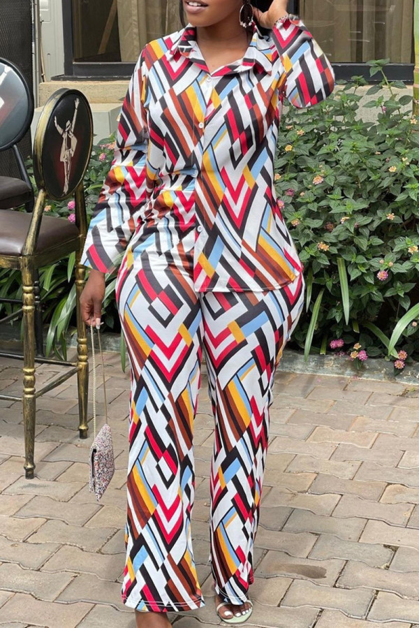 Multicolor Fashion Casual Print Basic Turndown Collar Long Sleeve Two Pieces