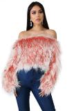 White Artificial fur One word collar Long Sleeve Solid Long Sleeve Tops