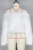 White Artificial fur One word collar Long Sleeve Solid Long Sleeve Tops