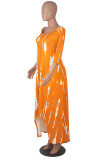 Red Fashion Casual Print Asymmetrical O Neck Long Sleeve Dresses