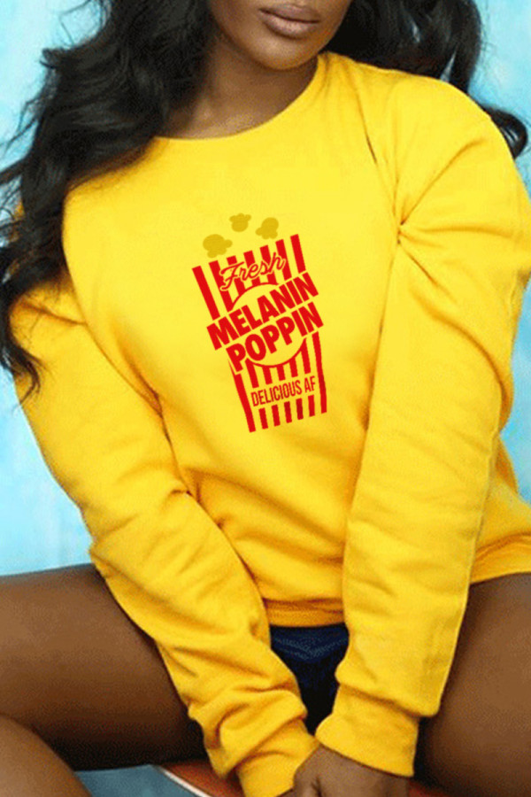 Yellow Casual Street Print Patchwork Letter O Neck Tops