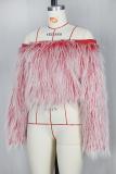 White Artificial fur One word collar Long Sleeve Solid Long Sleeve Tops