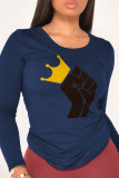 Navy Blue Casual Street Print Patchwork O Neck Tops
