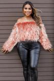 White Artificial fur One word collar Long Sleeve Solid Long Sleeve Tops